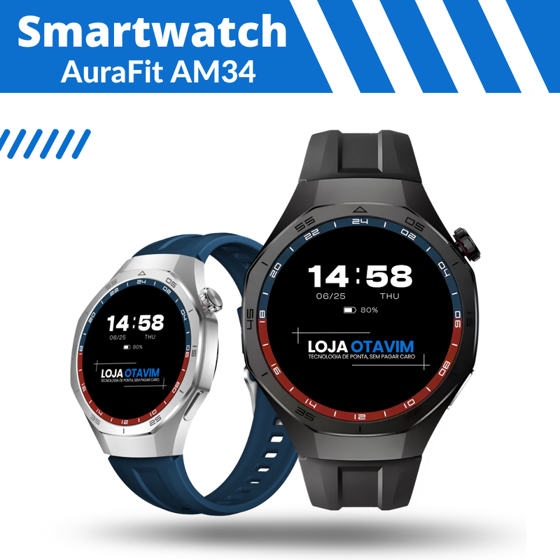 Smartwatch AuraFit AM34 AMOLED 3ATM - Pulseira Extra Brinde | LANÇAMENTO